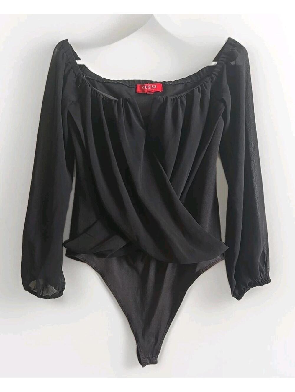 Guess Bodysuit Womens Size M Black Wrap V Neck Long Sleeve Sheer